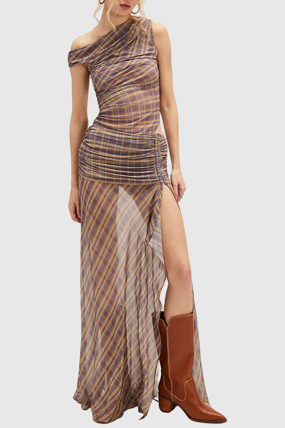 One Shoulder Asymmetric Ruched Maxi Dress