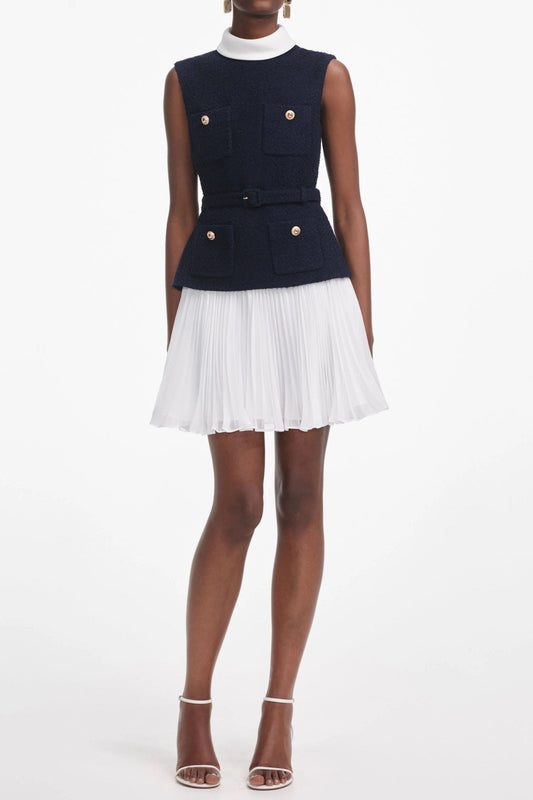 Navy Boucle And Chiffon Mini Dress