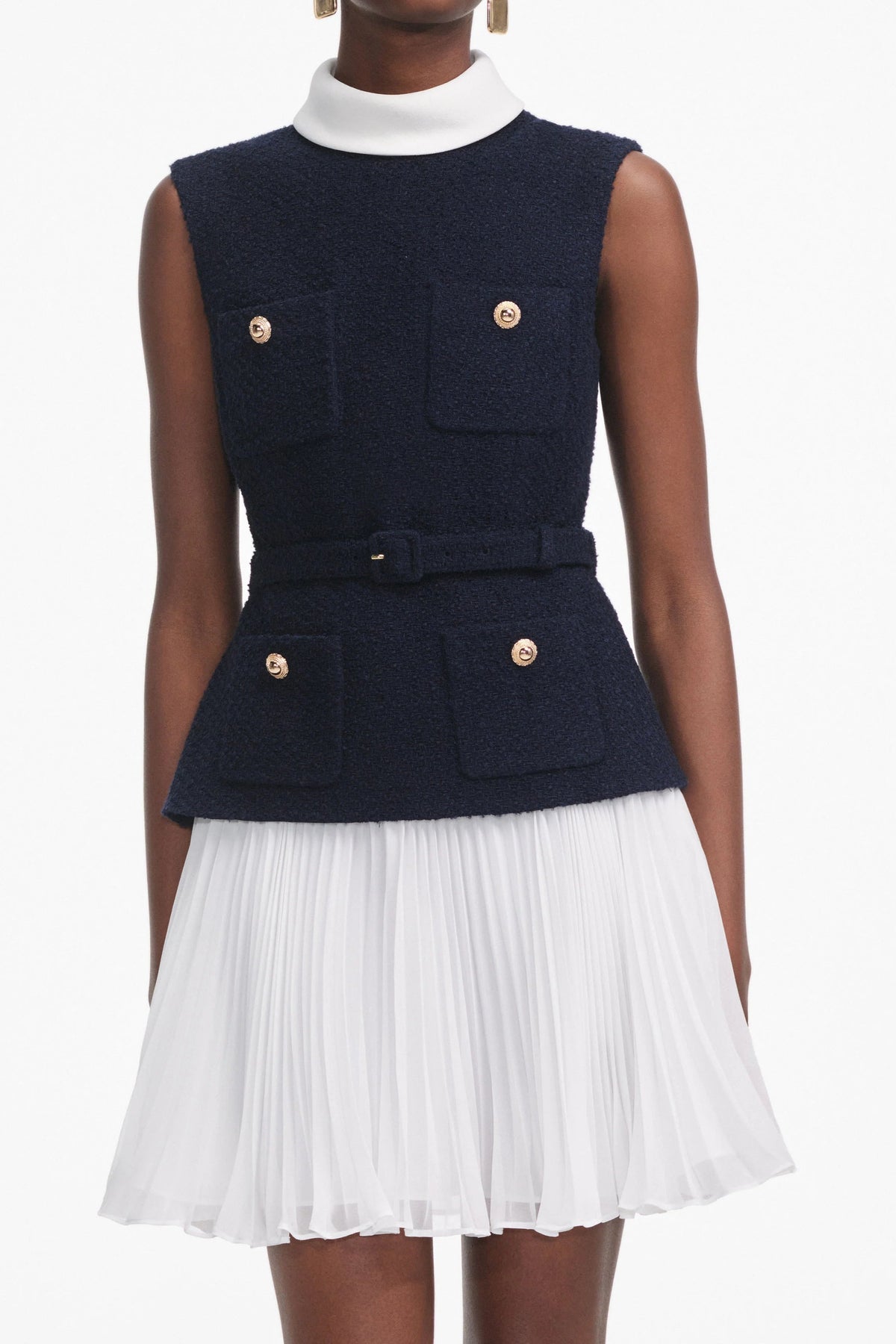 Navy Boucle And Chiffon Mini Dress