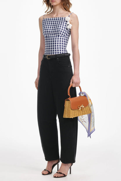 Navy Gingham Taffeta Top
