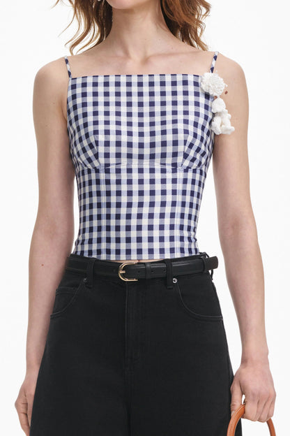Navy Gingham Taffeta Top