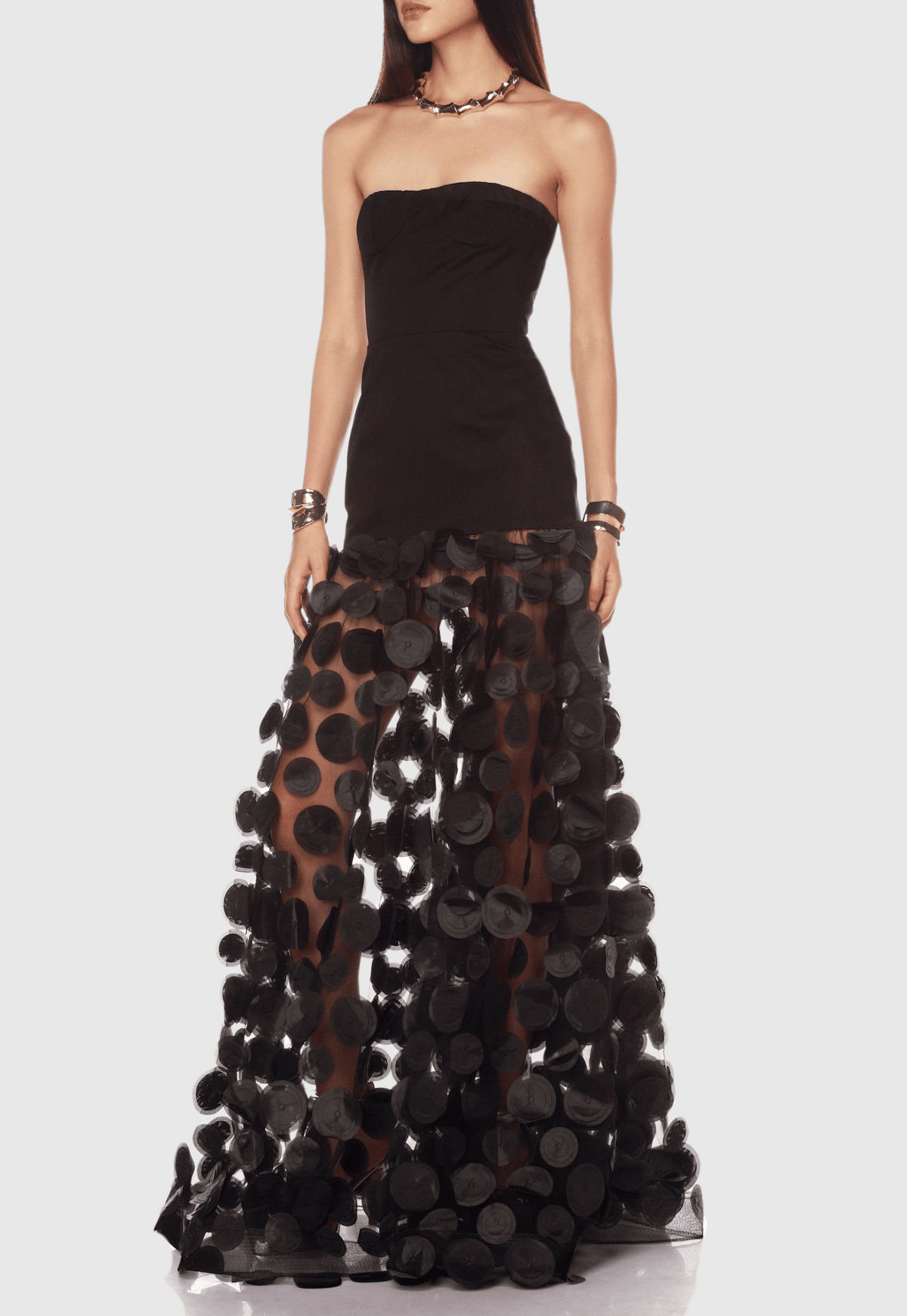 Nodin Strapless Dot Mesh Maxi Dress - Black