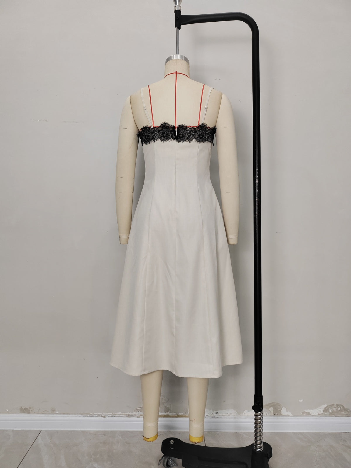 Off White Thin Strap Black Lace Trim Midi Dress Slim Fit Flowy Linen Blend Slip Dress