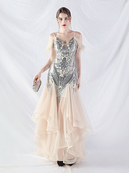 feather sequin strapless tulle maxi dress