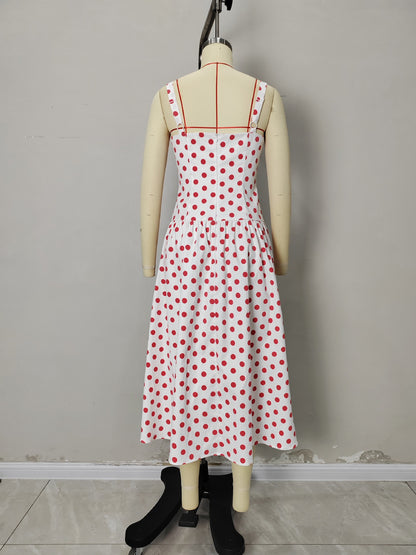 Cream Red Polka Dot Square Strap Button Front Flared Midi Dress