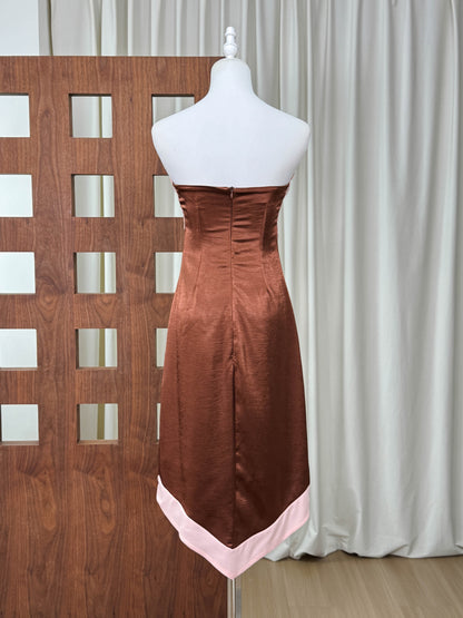 Bronze Satin Sheath Dress with Lace Applique