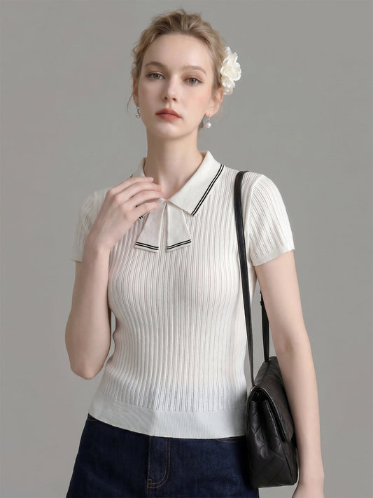 Striped Collar Bow Tie Ribbed Knit Short Sleeve Top