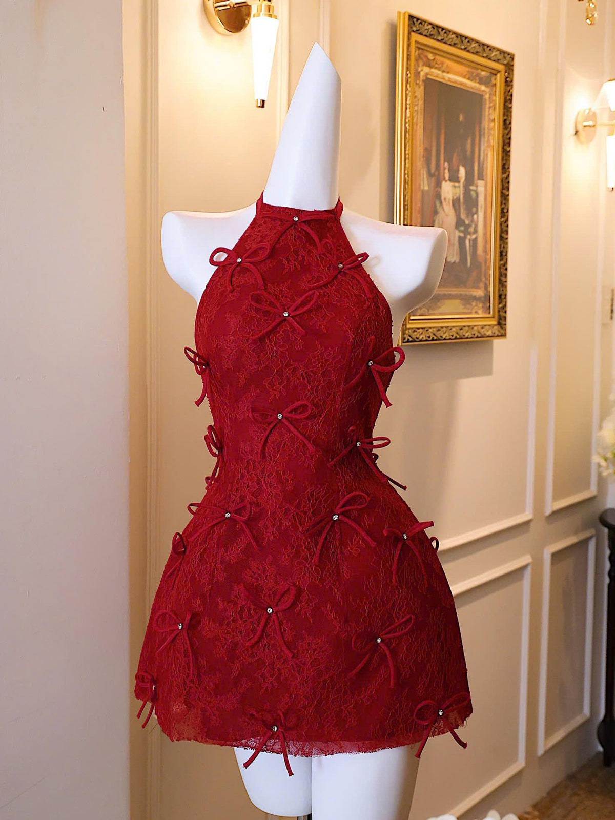 pandora lace bow backless halter mini dress in red