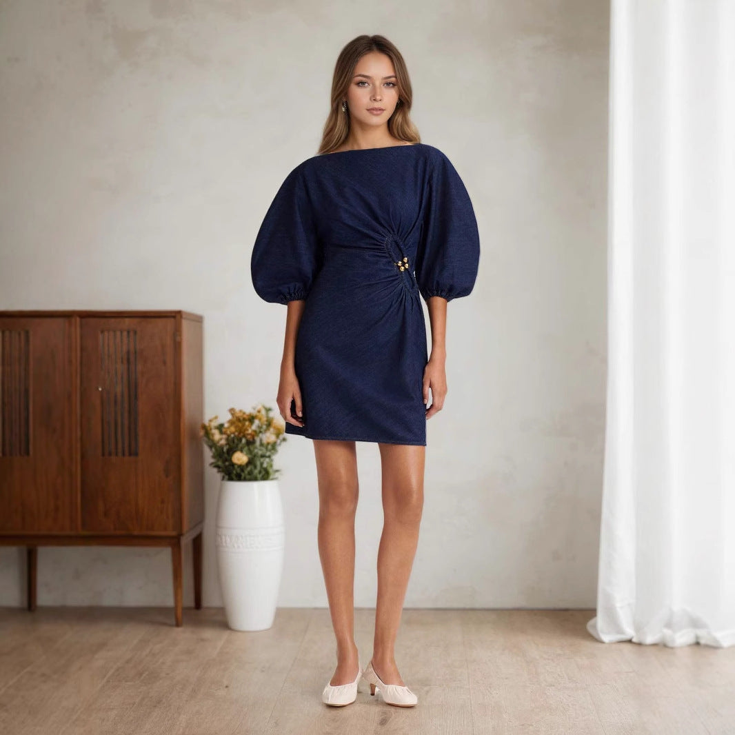 Dark Denim Boat Neck Puff Sleeve Side Ruched Gold Button Mini Dress