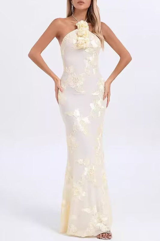 Nefertiti pale yellow tulle backless party mixi dress