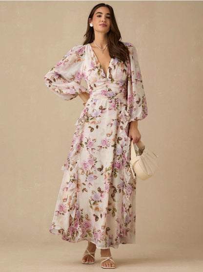 victoria multicolor v-neck floral print puff sleeve maxi dress