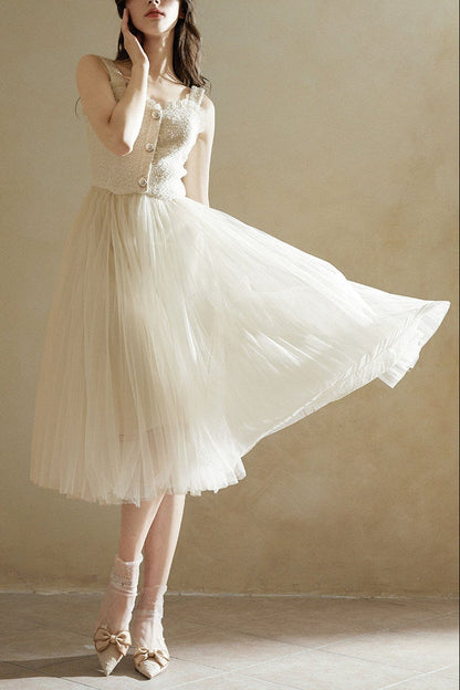 Beige Sleeveless Tulle Midi Dress