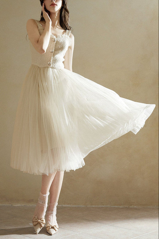 Beige Sleeveless Tulle Midi Dress