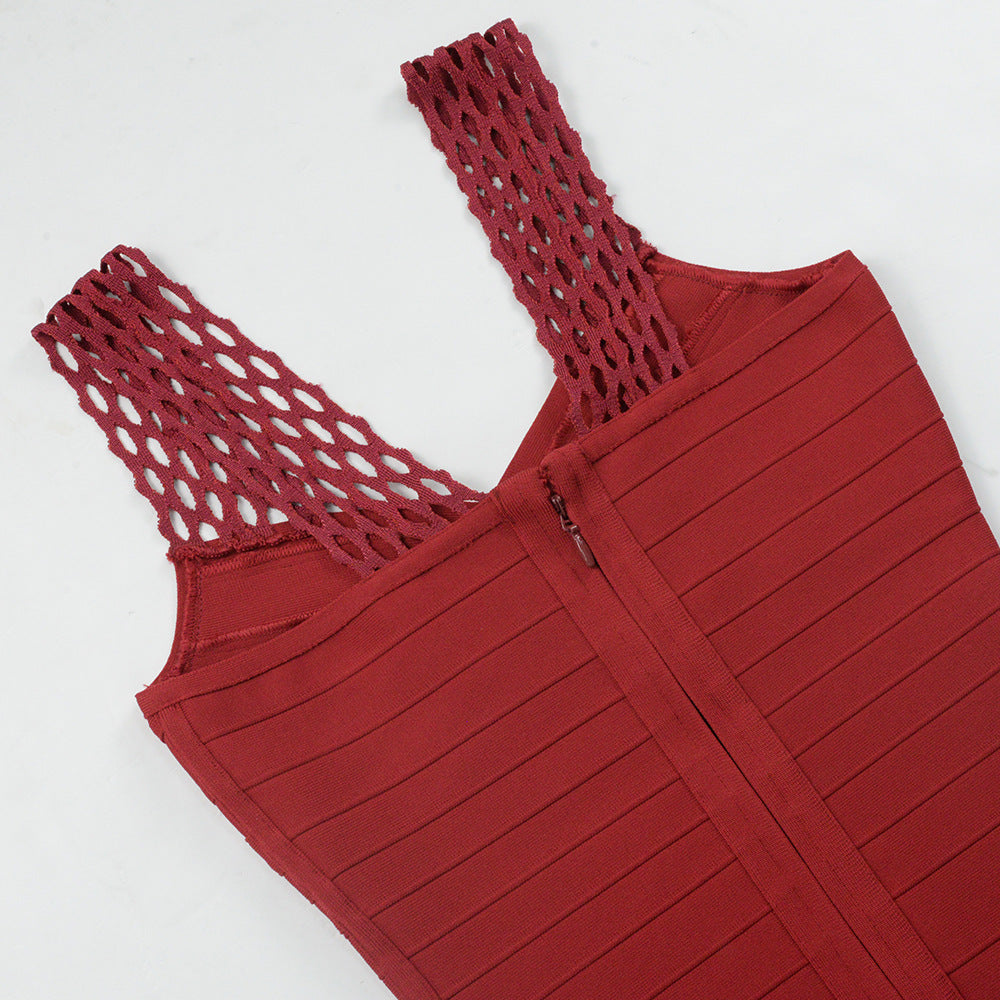 tassel bandage lace bodycon midi dress in burgundy