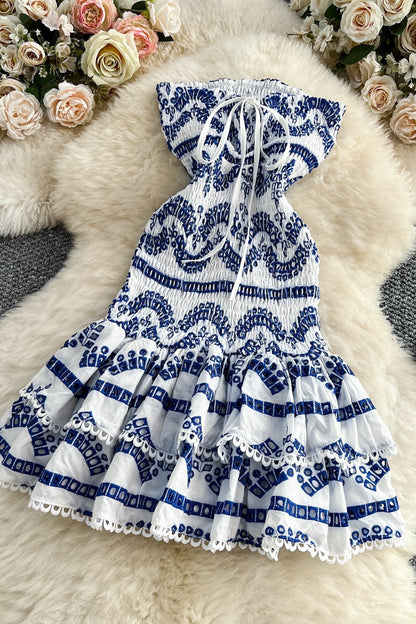 White Cotton Fit-and-Flare Mini Dress with Royal Blue Embroidery