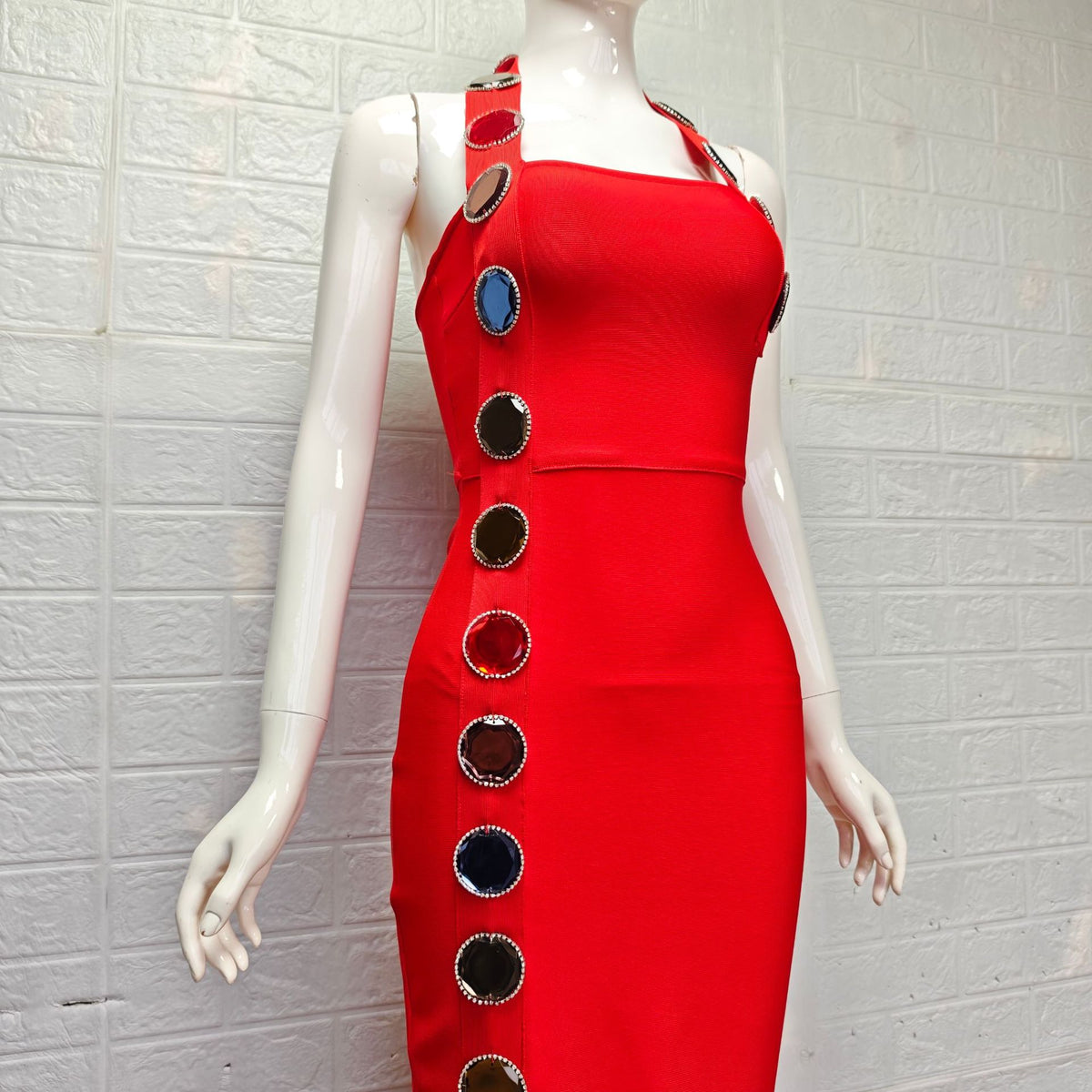 red heavy stretch crepe column dress