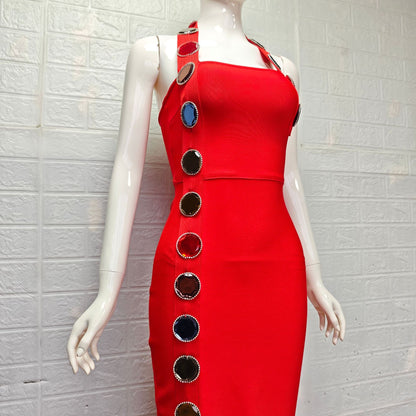 red heavy stretch crepe column dress
