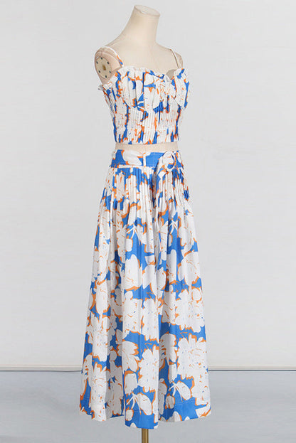 Pleated floral-print linen bustier top skirt set in blue
