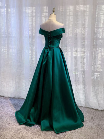 Simple green satin off shoulder dress