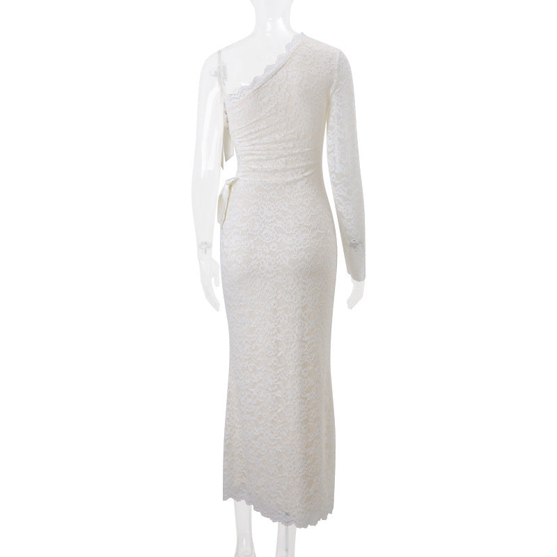 White Floral Lace One-Shoulder Column Gown