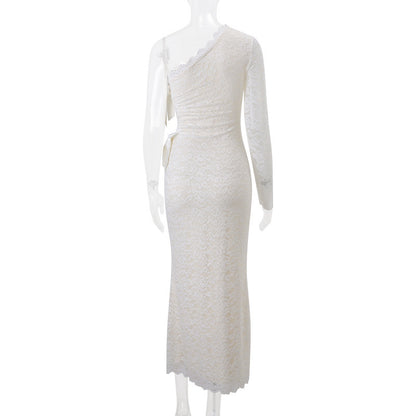 White Floral Lace One-Shoulder Column Gown