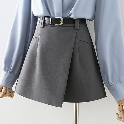 Grey High Waist Business Formal Mini Skort Irregular Wrap Design with Matching Belt