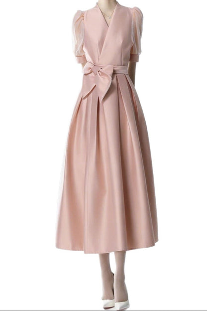 Satin Puff Sleeve Bow Belt Midi Dress