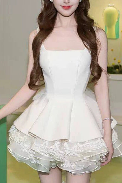 White Square Neck Corset Layer Lace Mini Dress