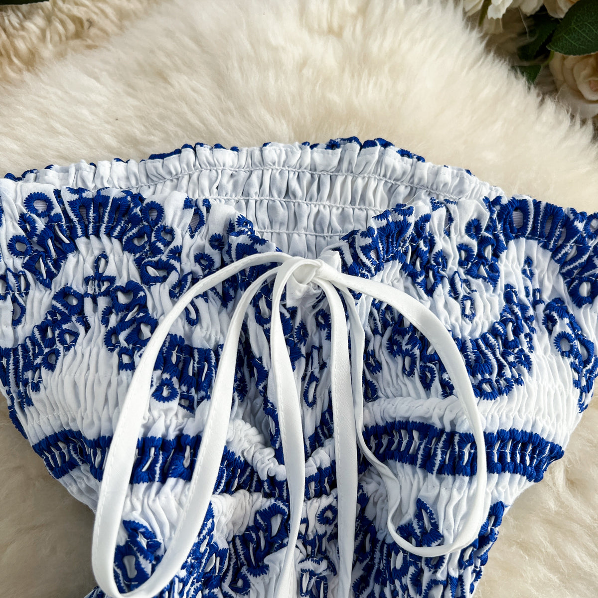 White Cotton Fit-and-Flare Mini Dress with Royal Blue Embroidery