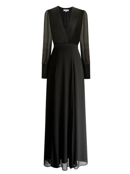 black V-neck long sleeves maxi dress