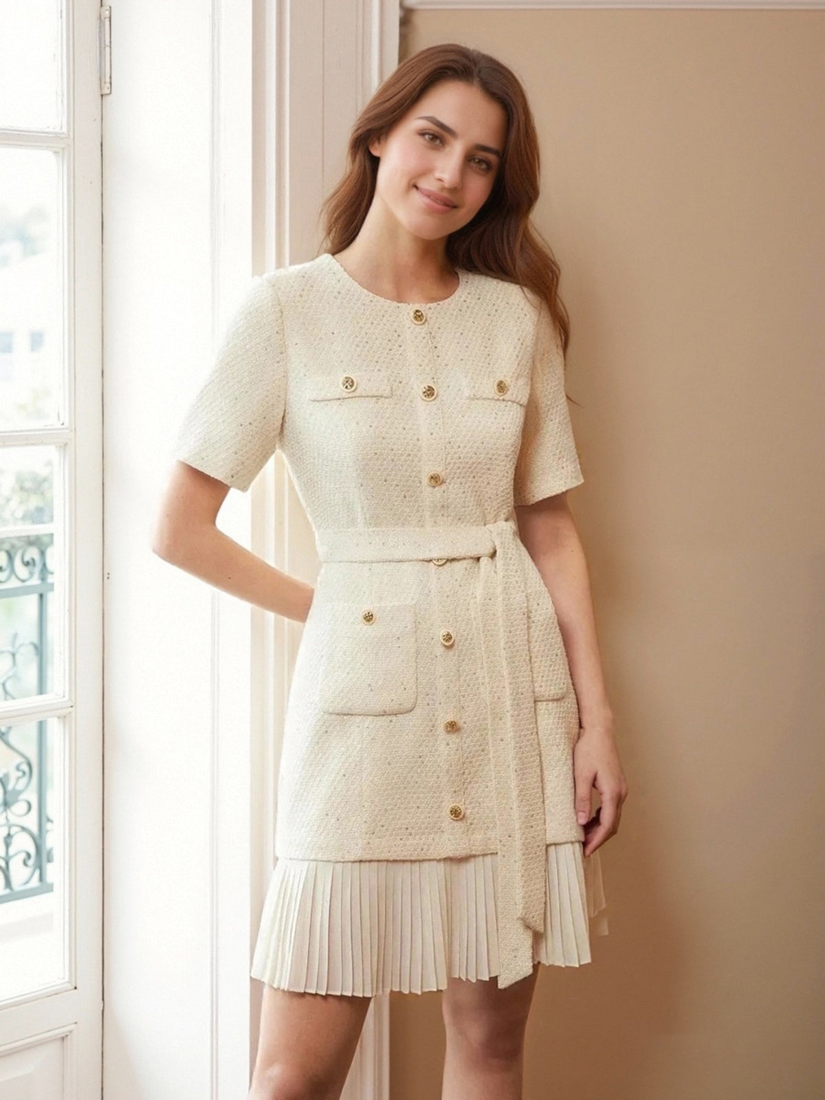 Cream Sparkly Tweed Round Neck Short Sleeve Belted Pleated Hem Mini Dress