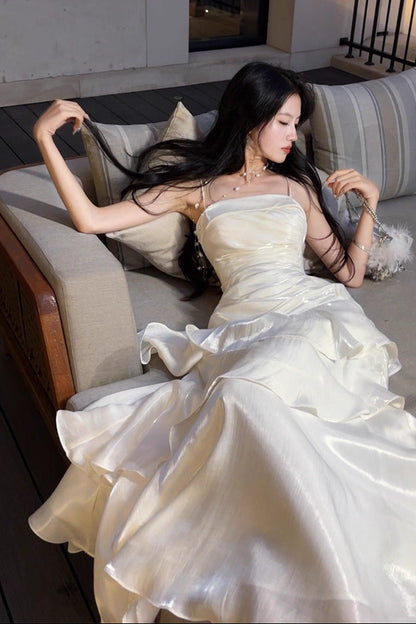 Side Ruched Tiered Ruffle Satin Spaghetti Strap Maxi Dress