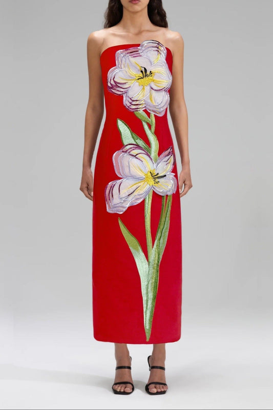 suzanne Appliqué Floral Bustier Maxi Dress in red