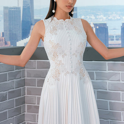 nancy lace embroidery pleated midi dress in white