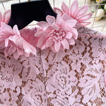 Pink Floral Lace A-Line Midi Dress