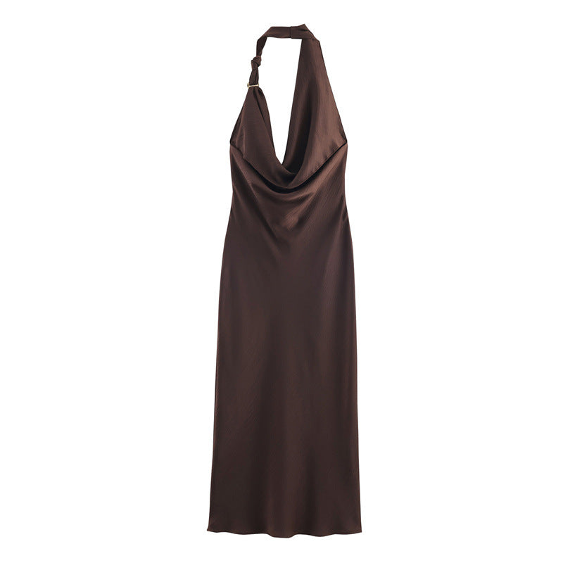 Chocolate Brown Textured Satin Sheath Dress
