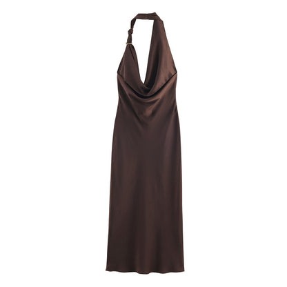 Chocolate Brown Textured Satin Sheath Dress