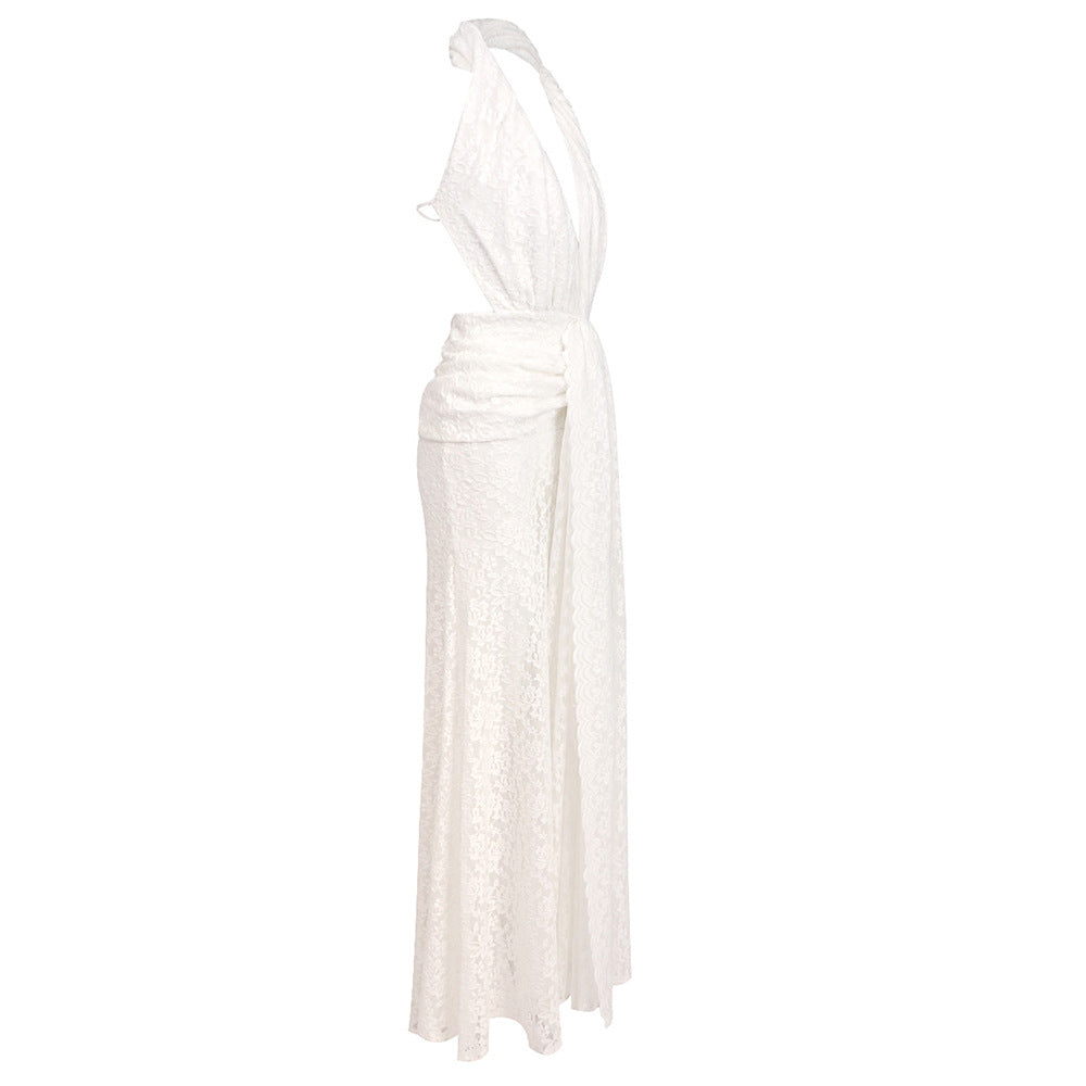 white lace column with front slit gown