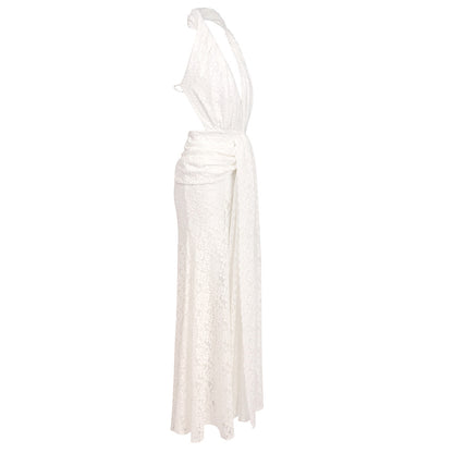 white lace column with front slit gown