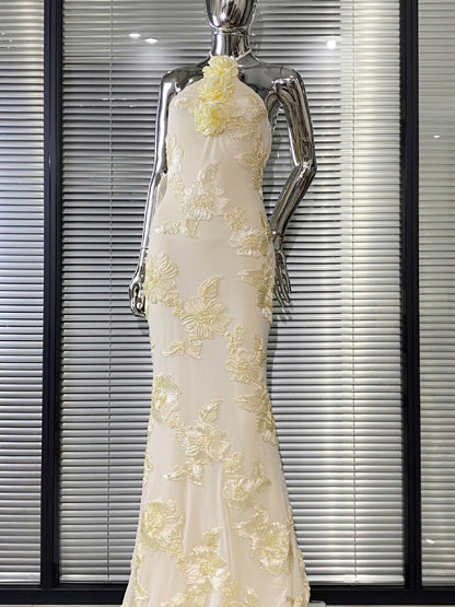 Nefertiti pale yellow tulle backless party mixi dress