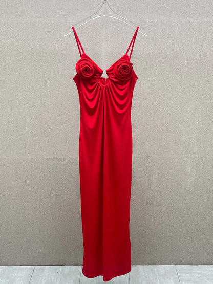 Rose Appliqué Strappy maxi Dress in red