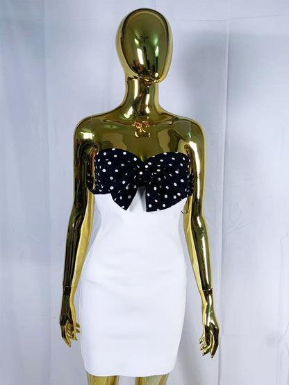 michaelia white Contour Sleeveless Polka Dot Contrast bow Bandage Mini Dress