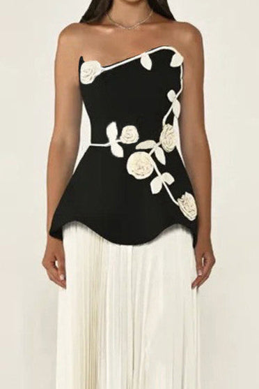 Strapless 3D Rose Appliqué Peplum Maxi Dress