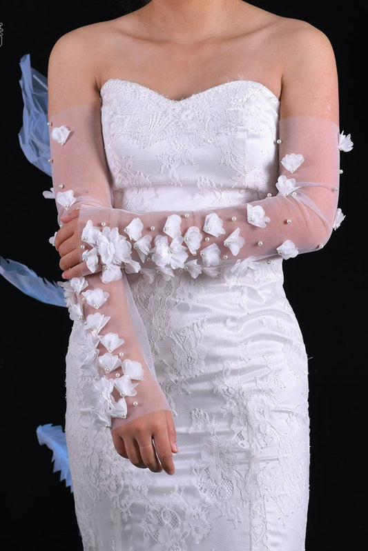 Sheer Tulle Long Detachable Arm Sleeves with 3D Fabric Flowers &amp; Pearl Beads
