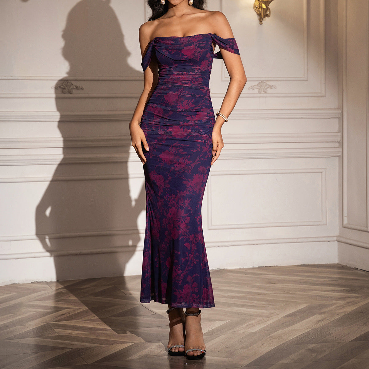 Off Shoulder Draped Cowl Ruched Mesh Mermaid Maxi Dress