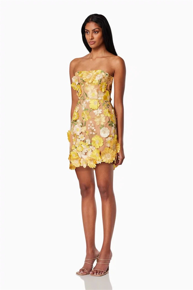 Strapless floral Mini Dress in yellow