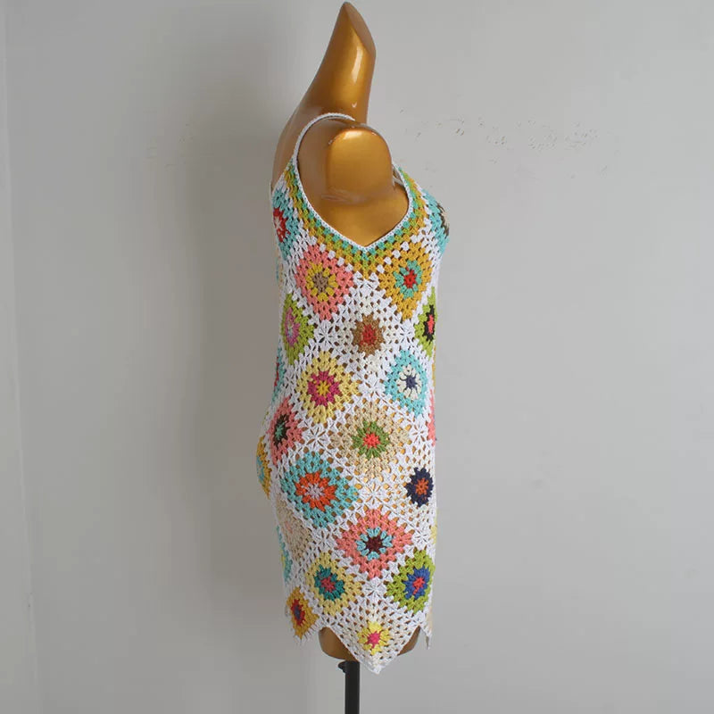 Model color dopamine cut-out handmade crochet V-neck sundress summer backless knitted camisole dress for women