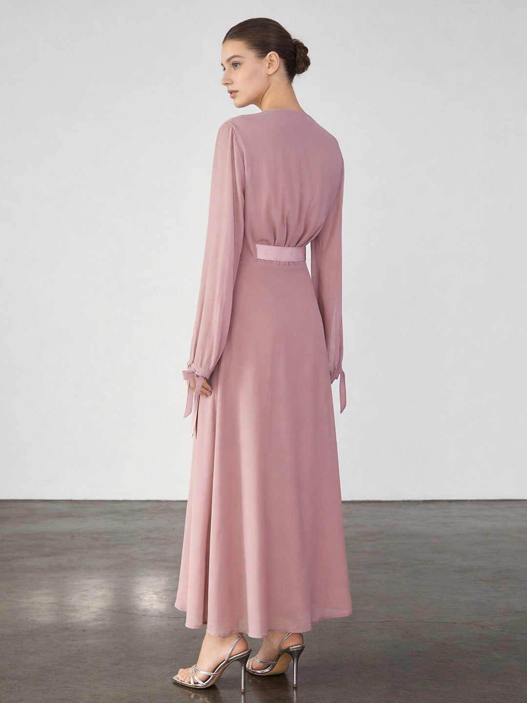 pink long-sleeved maxi dress