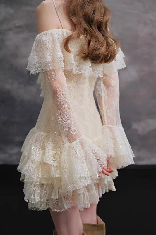 Elisha Off Shoulder Lace Ruffle Mini Dress