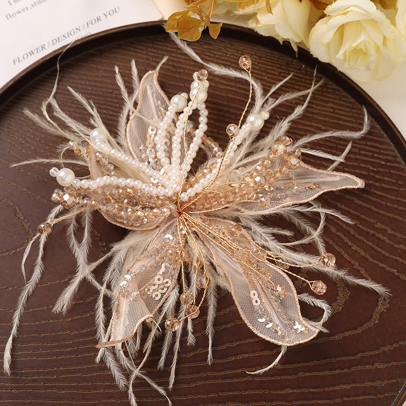 Picture-perfect pure white lace feathers, pearls, crystal flowers, DIY twisted silk flower headwear, claw clip clothing accessories